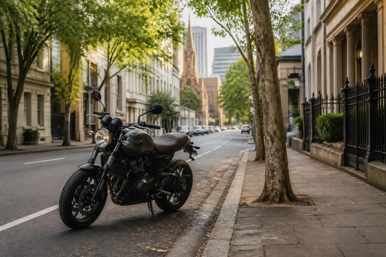 Adelaide tree-lined street with a parked motorcycle in a calm setting.