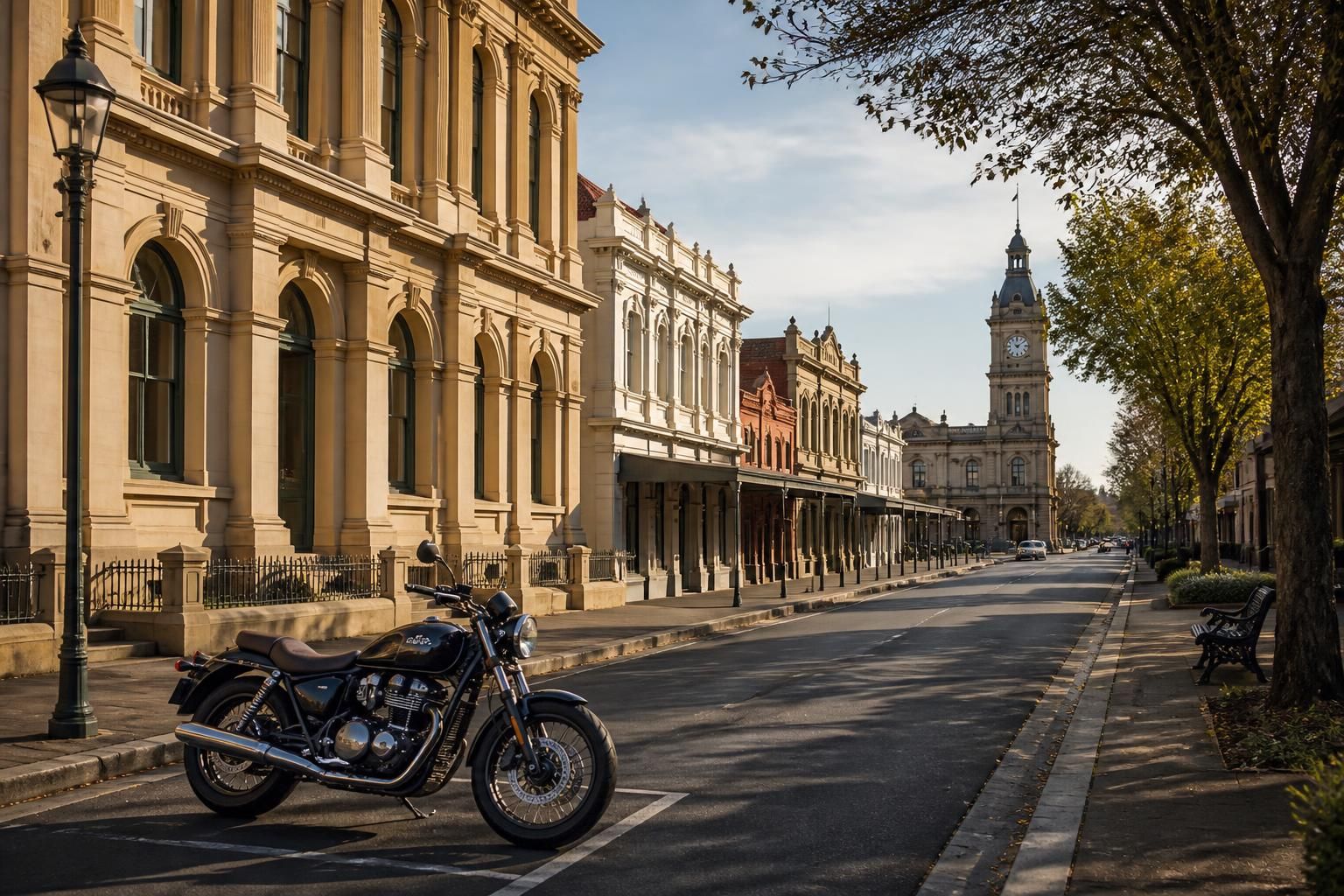 Heritage Ballarat streetscape with a parked motorcycle on a calm road.