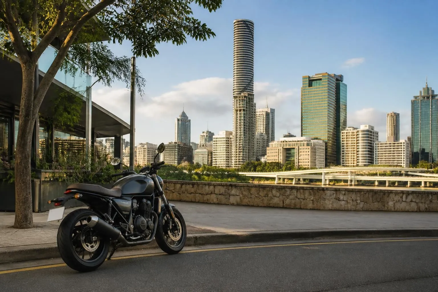 Brisbane urban street with a parked motorcycle in warm daylight.