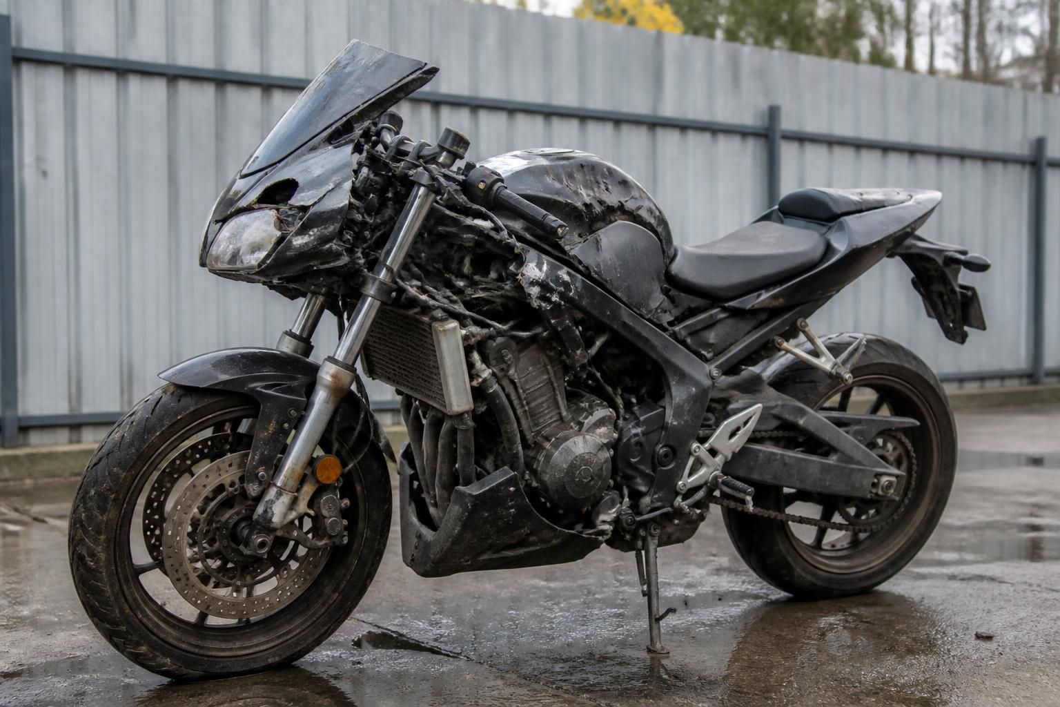A damaged motorcycle shown in a controlled outdoor setting.