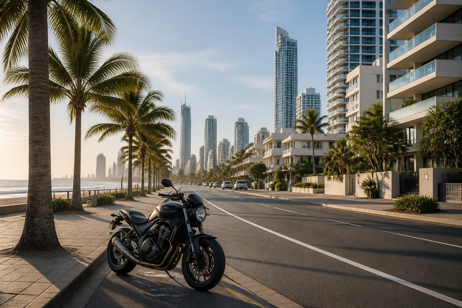 Gold Coast street with palm trees and a parked motorcycle nearby.