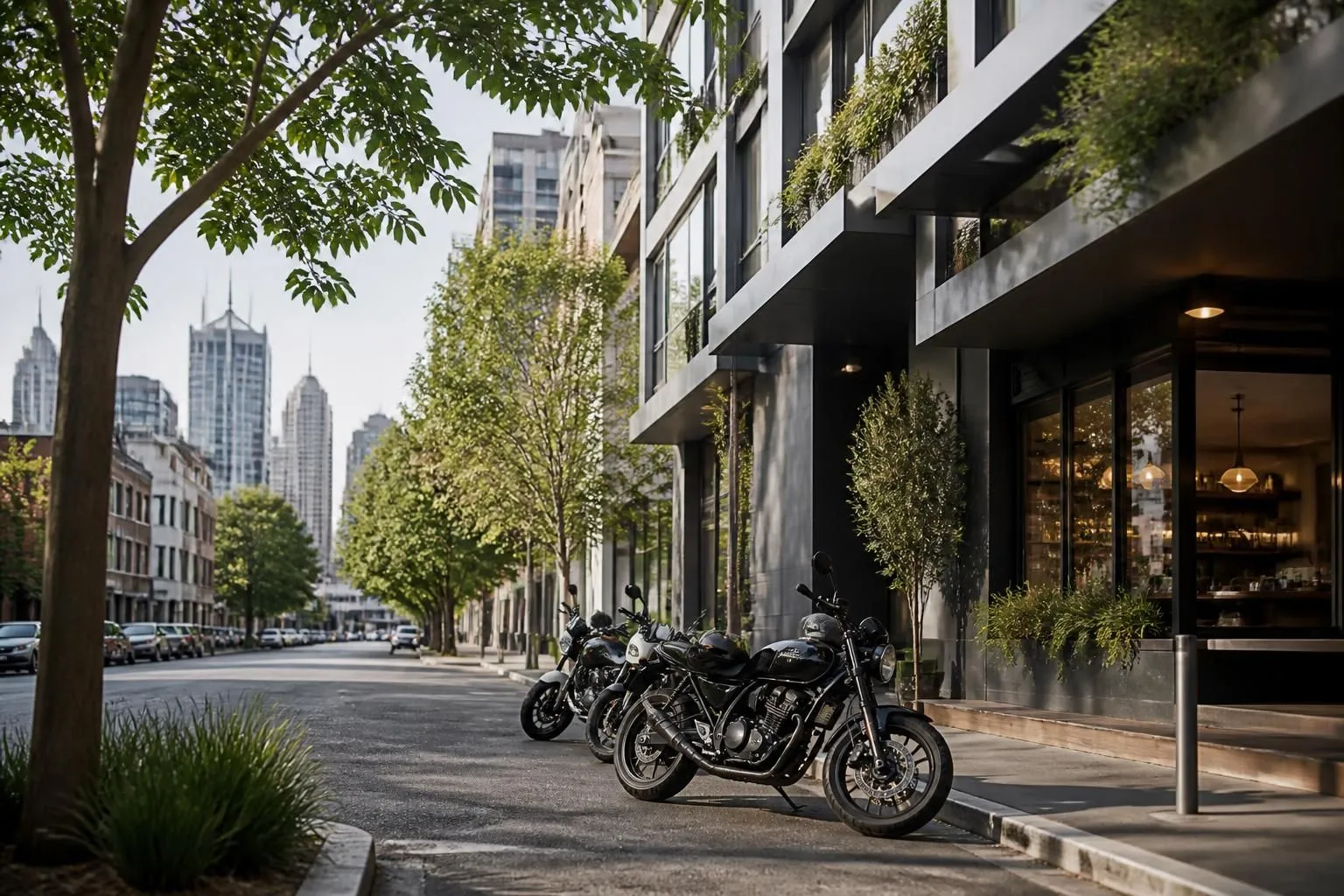 Modern Melbourne streetscape with parked motorcycles near a clean curb.