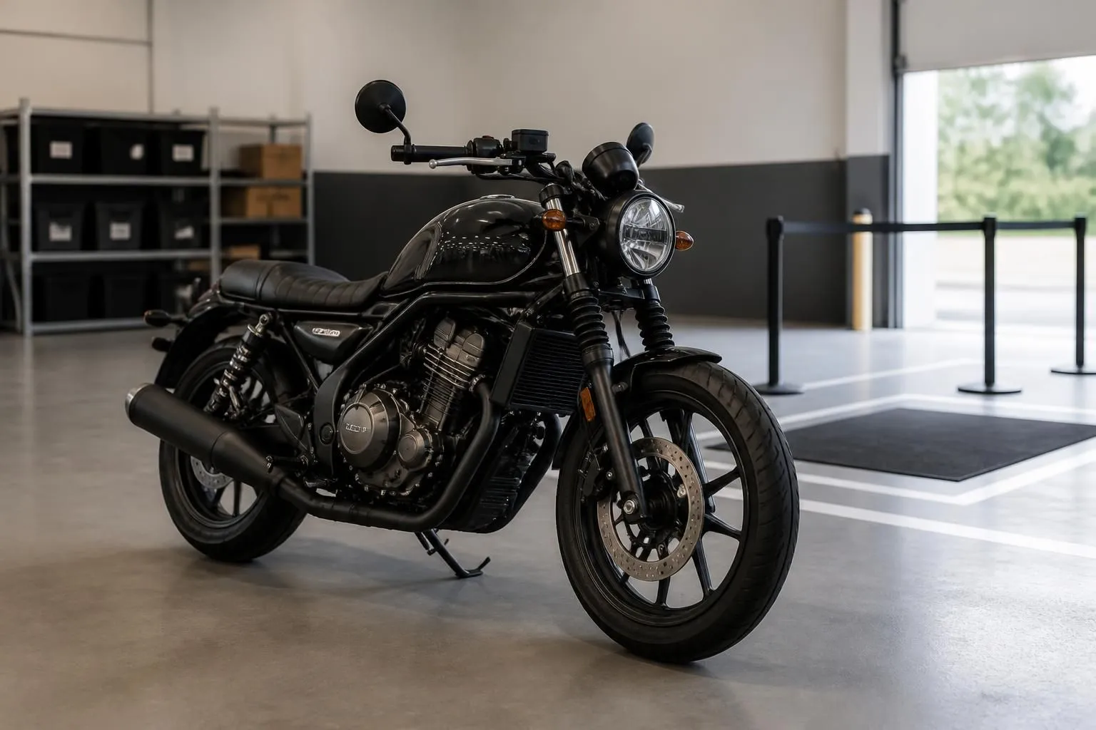 A motorcycle positioned in a clean collection and assessment area.