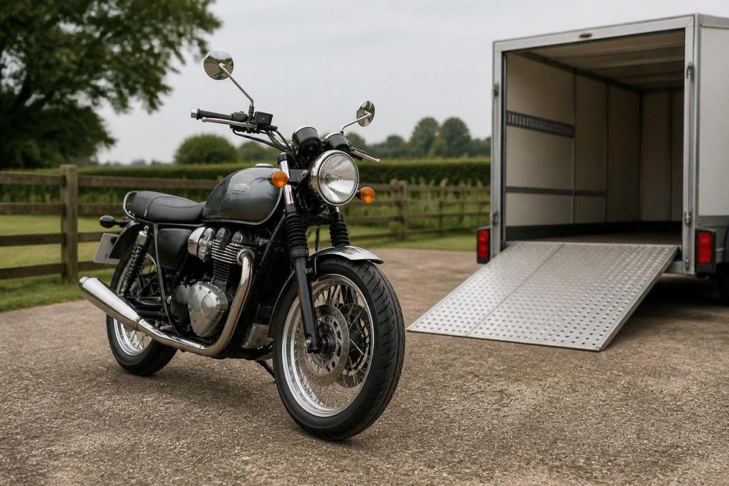 A clean used motorcycle in a professional outdoor collection setting.