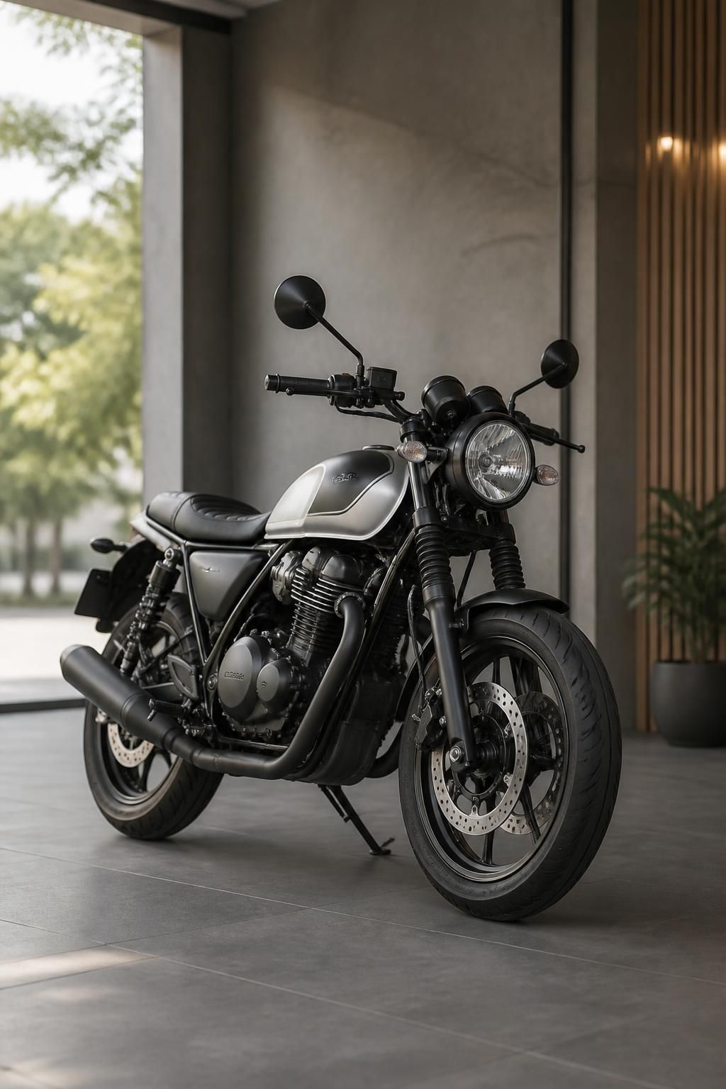 A tidy motorcycle appraisal setting with a parked bike in soft natural light.