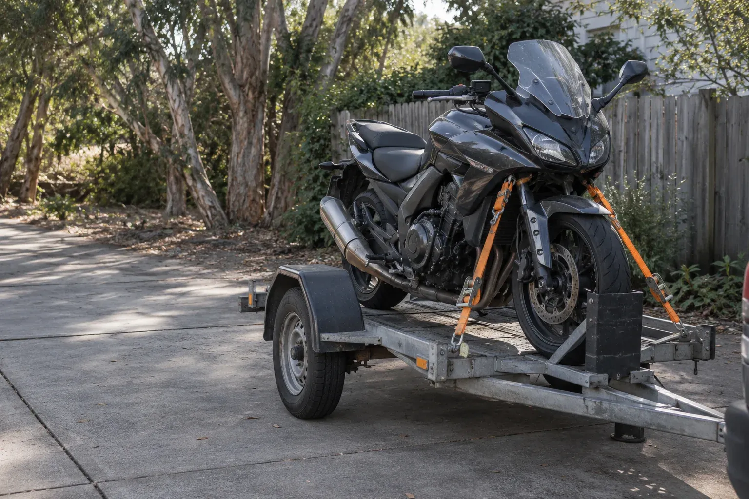 Touring motorcycle secured on a trailer for collection
