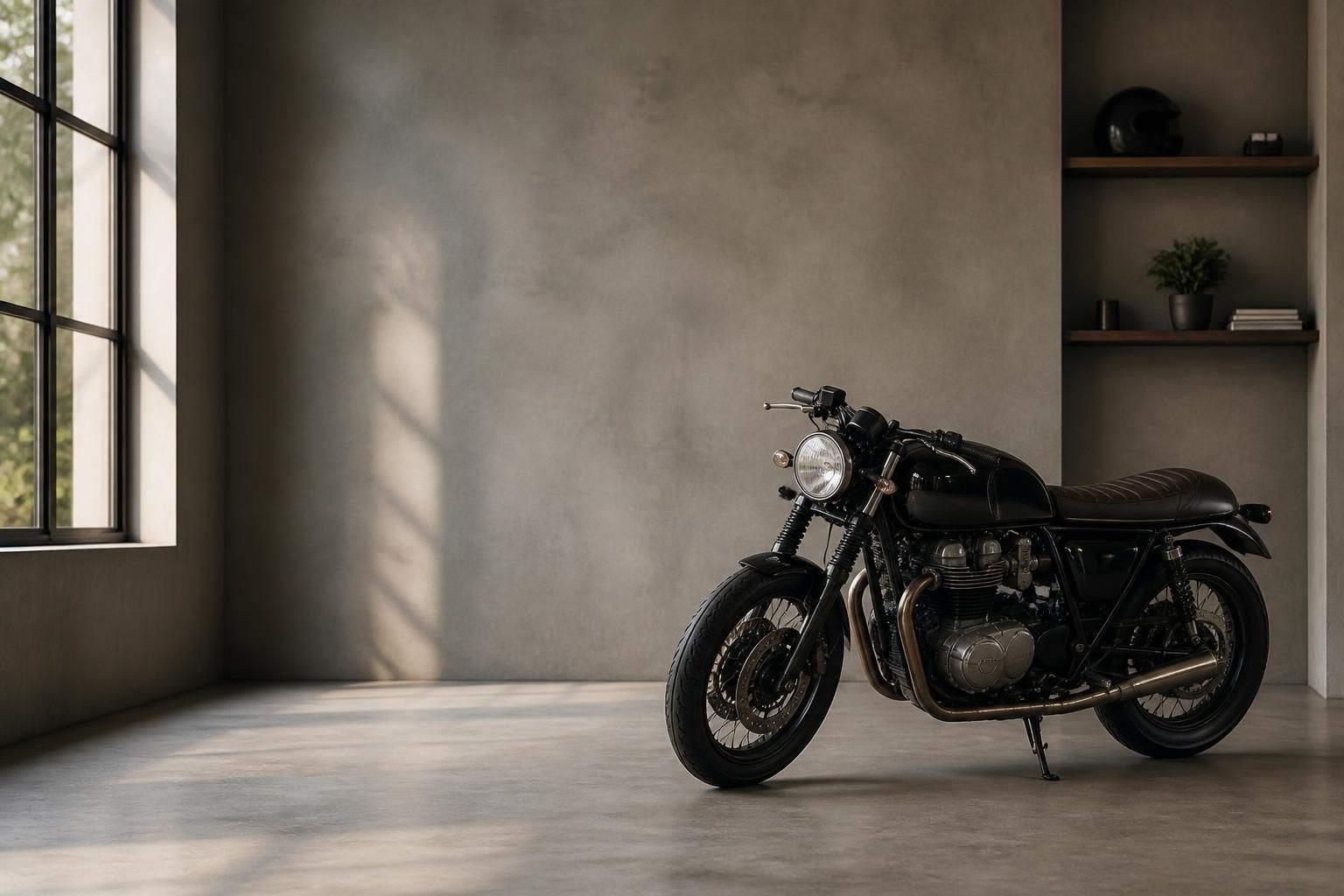 A well-presented motorcycle in a clean collection setting with open space.
