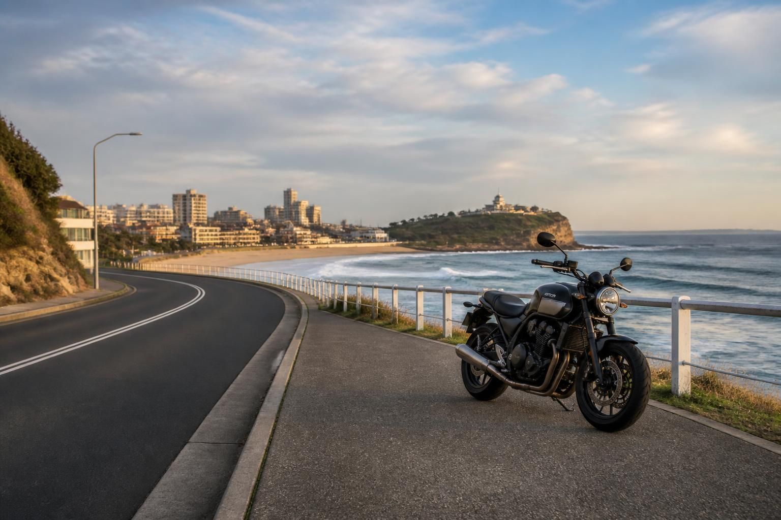 Newcastle coastal road scene with a parked motorcycle nearby.