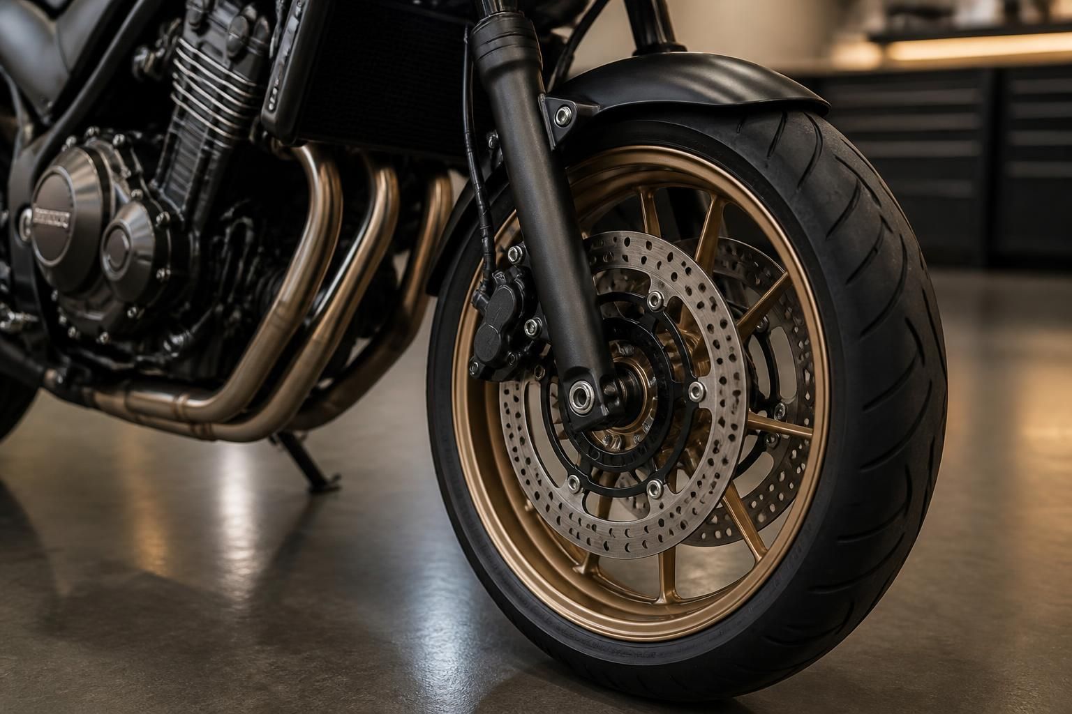 A non-running motorcycle parked neatly in a professional collection setting.