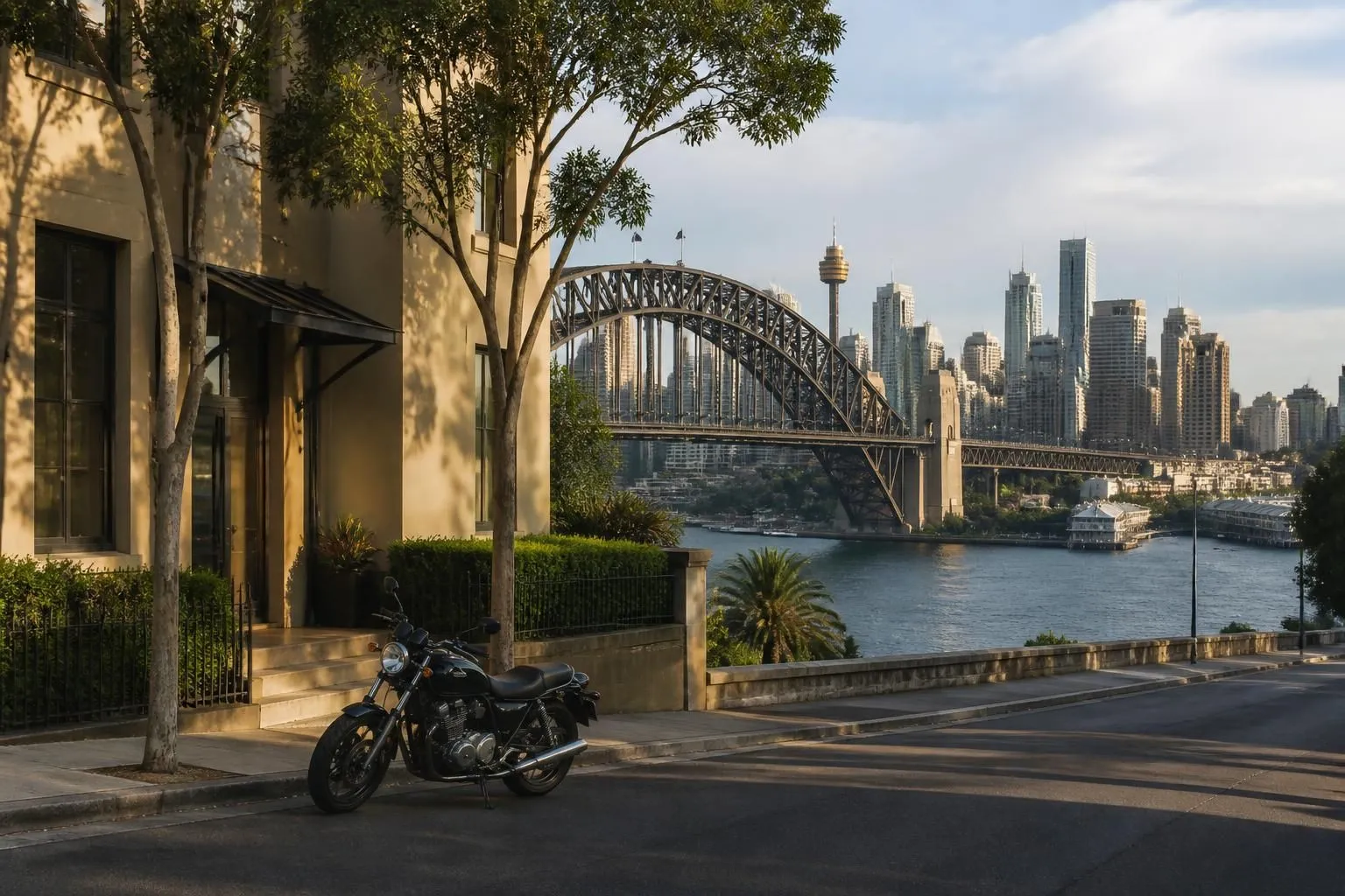 Sydney city streetscape with a parked motorcycle on a clean roadside.