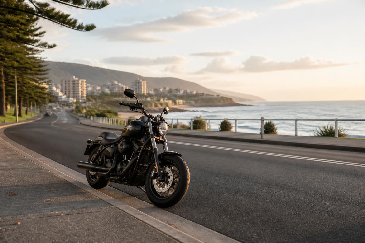 Wollongong coastal road with a parked motorcycle as the focal point.